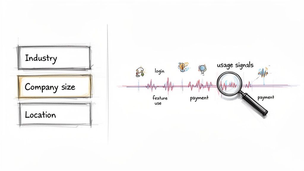 An illustration showing customer segmentation using firmographic data like industry, company size, and location, combined with usage signals like login, feature use, and payment.