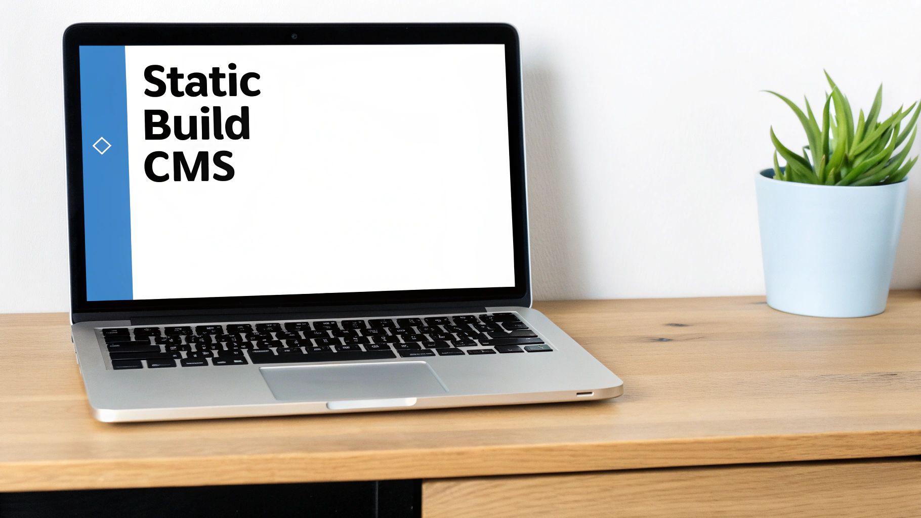 A laptop displaying 'Static Build CMS' on its screen sits on a wooden desk next to a potted plant.