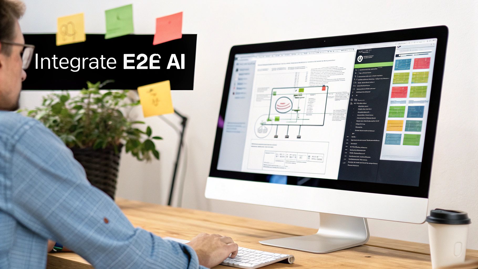 Man working at a modern desk with a computer displaying diagrams, 'Integrate E2E AI' on background board.