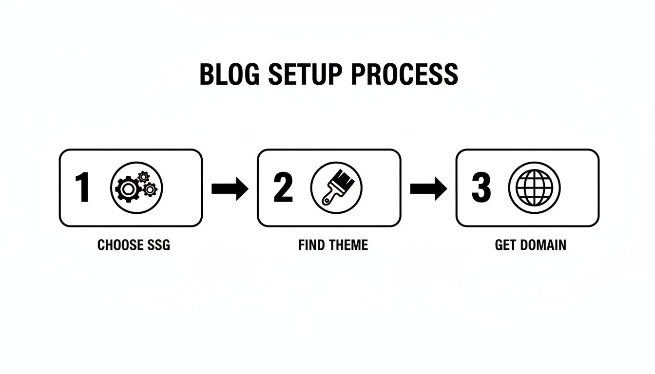 Diagram illustrating the three-step blog setup process: Choose SSG, Find Theme, Get Domain.