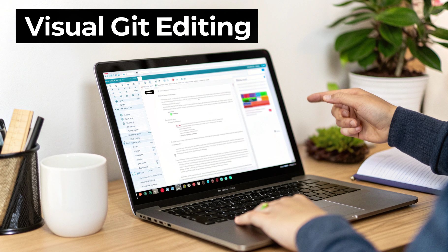 Person's hands using a laptop displaying 'Visual Git Editing' with a document and controls.