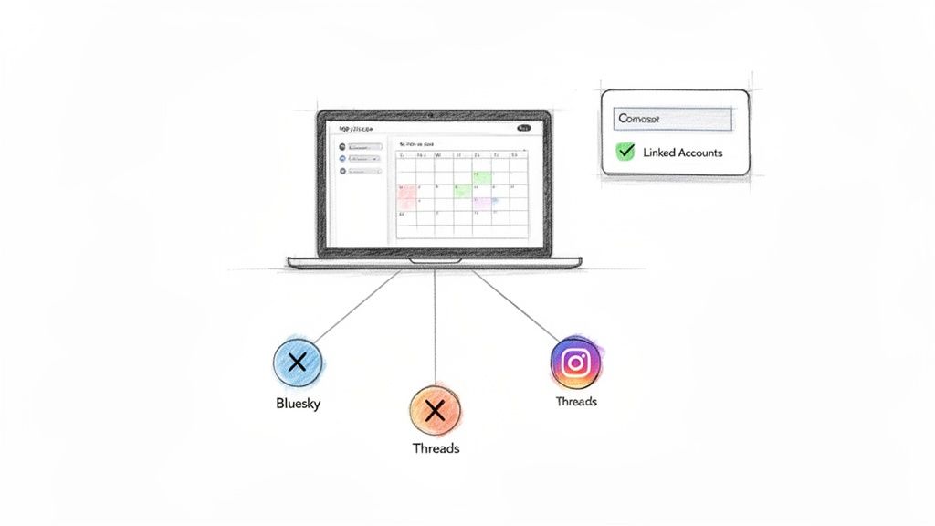 A laptop displays a calendar for scheduling posts, connected to social media platforms Bluesky and Threads, showing account linking status.