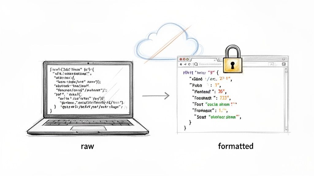 Raw JSON code on a laptop transforms into a formatted, secure version in a browser via a cloud service.