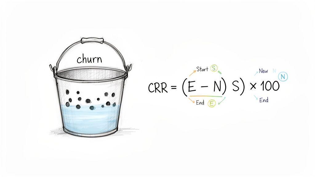 Illustration of customer churn as a leaky bucket and the Customer Retention Rate (CRR) formula.
