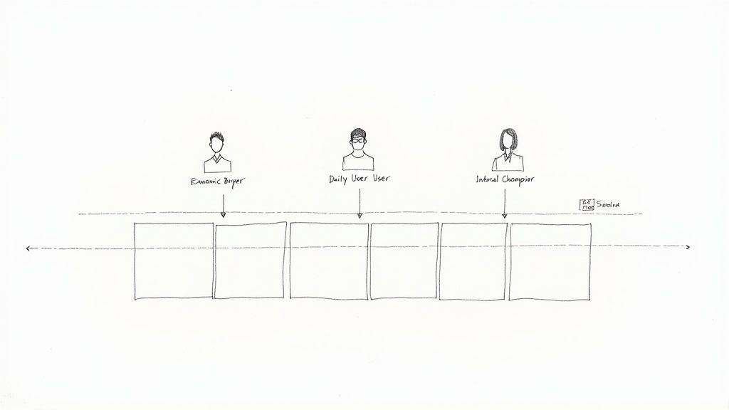 Hand-drawn diagram of three personas: Economic Buyer, Daily User User, Internal Champion, above a horizontal sequence of empty boxes.