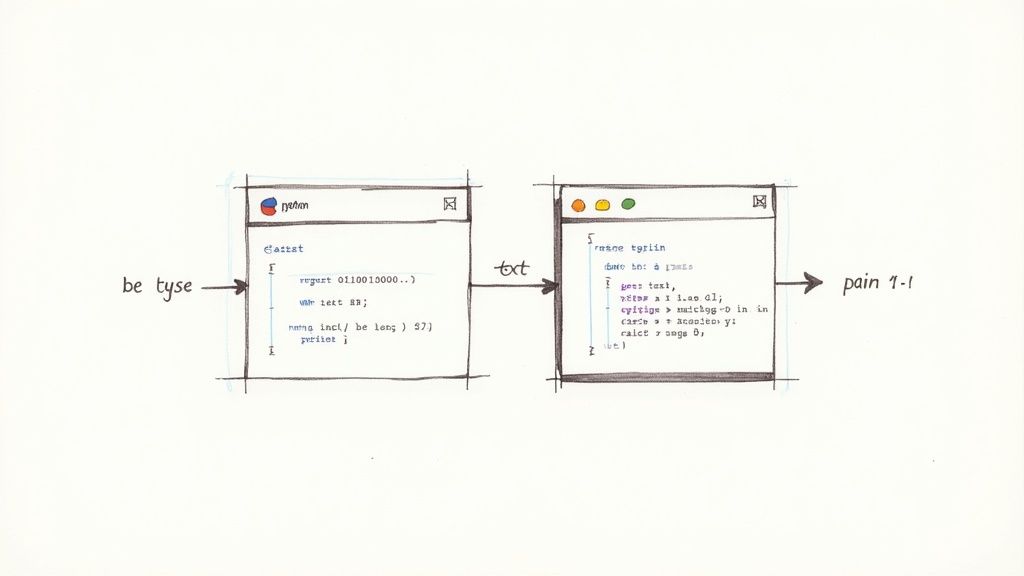 Hand-drawn diagram of two programming windows illustrating a binary to text conversion process.