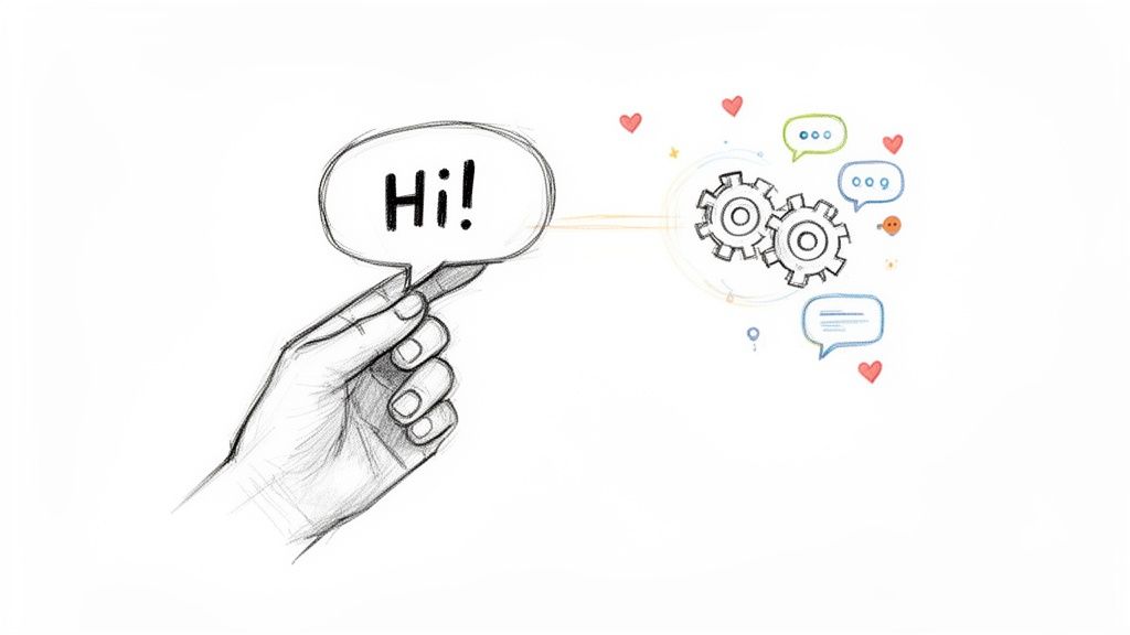Hand holds 'Hi!' speech bubble, connecting to gears and chat icons, symbolizing communication.