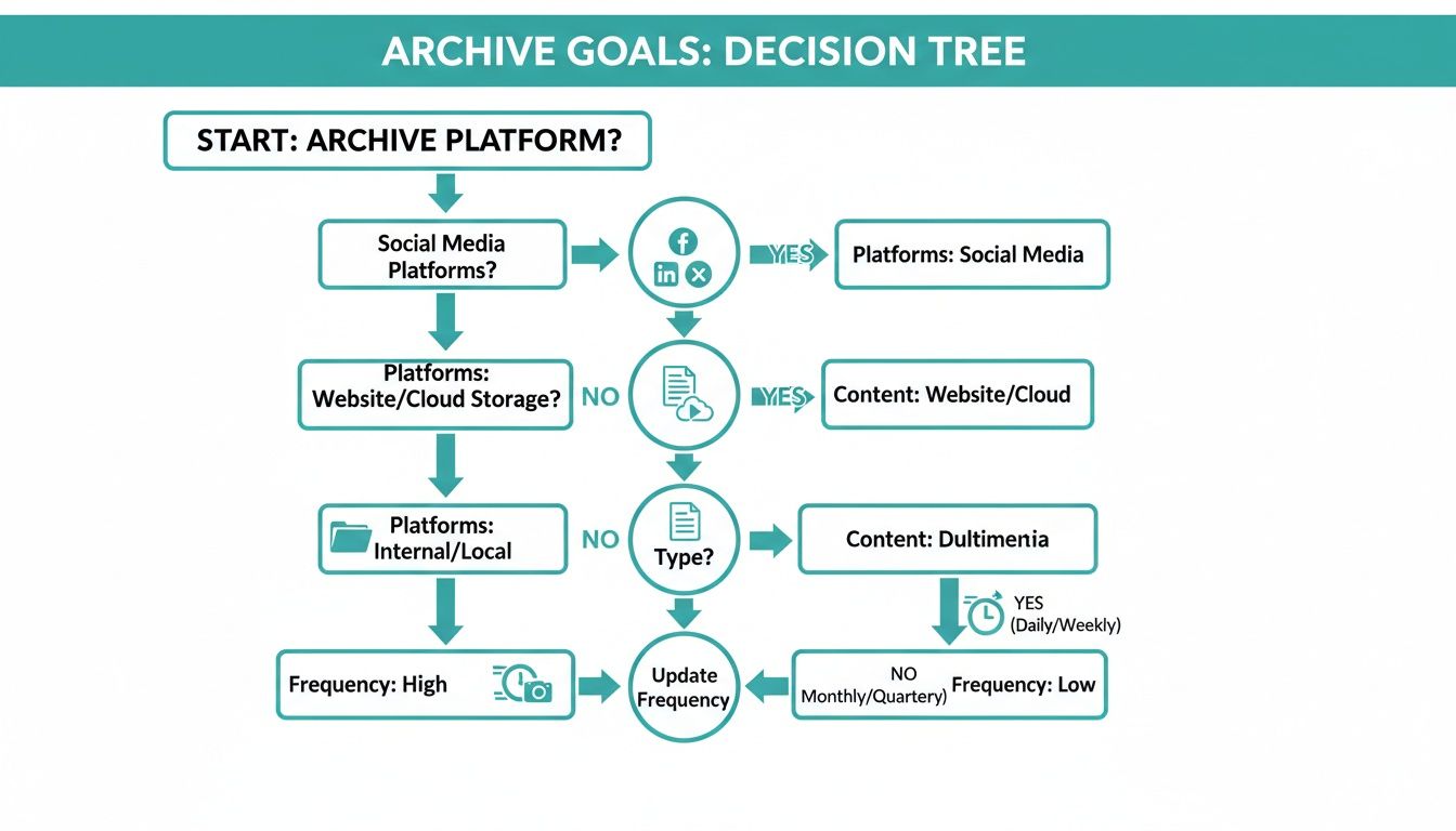 A flowchart outlining archive goals and decision steps for various platforms, content types, and update frequencies.