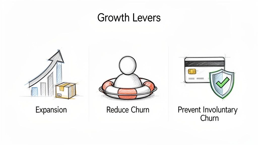 Infographic illustrating three growth levers: expansion, reducing customer churn, and preventing involuntary churn.