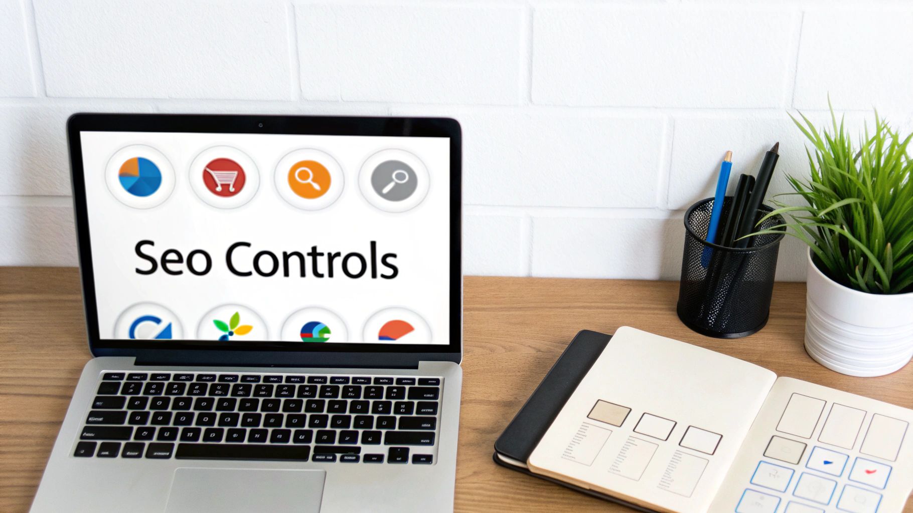 Desk setup with a laptop showing "Seo Controls" software, alongside a notebook, pens, and a plant.