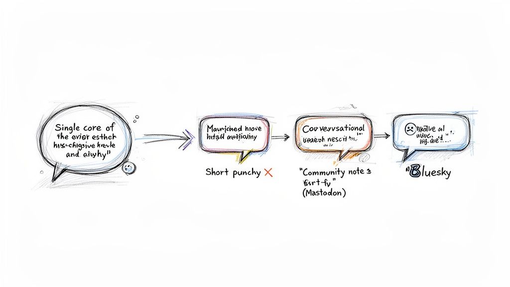 Diagram illustrating the evolution of social media communication styles across platforms like Mastodon and Bluesky.