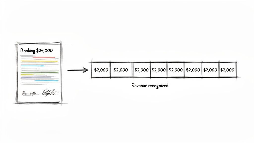 Illustration of revenue recognition: a $24,000 booking transforms into twelve $2,000 recognized revenues.