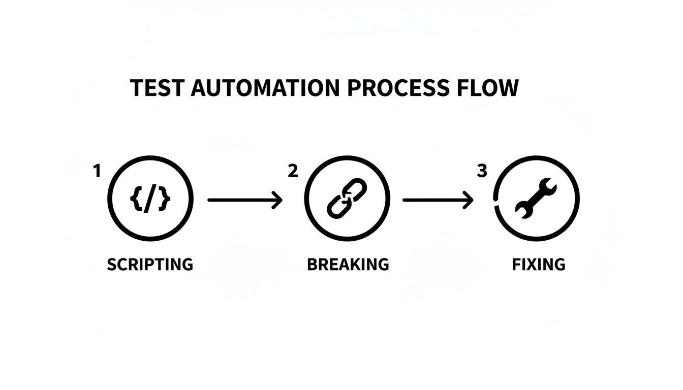A diagram illustrating the test automation process flow with steps: scripting, breaking, and fixing.