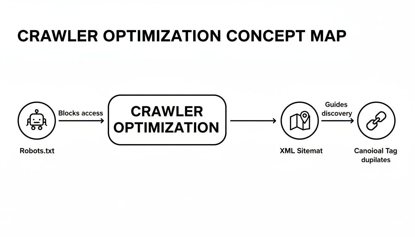 Concept map showing crawler optimization with Robots.txt blocking access and XML Sitemaps guiding canonical tag discovery.