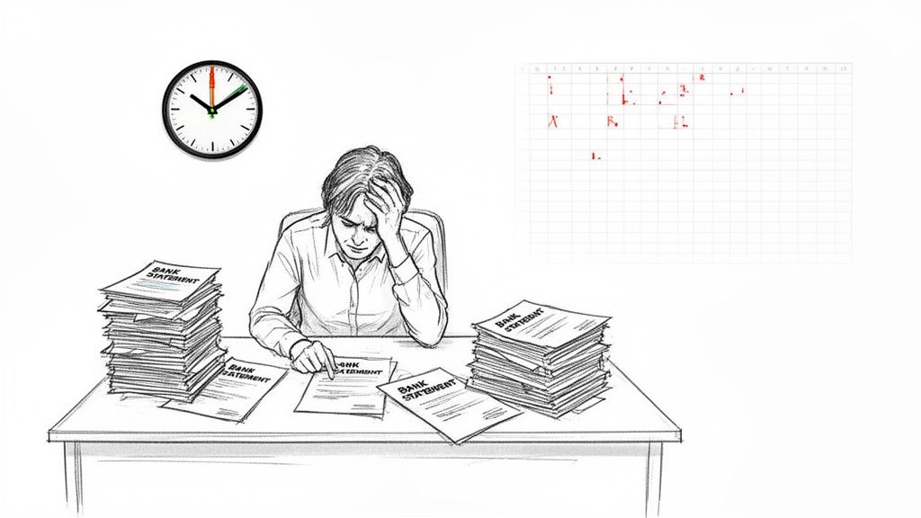 Stressed person at a desk surrounded by piles of bank statements, struggling with financial data.