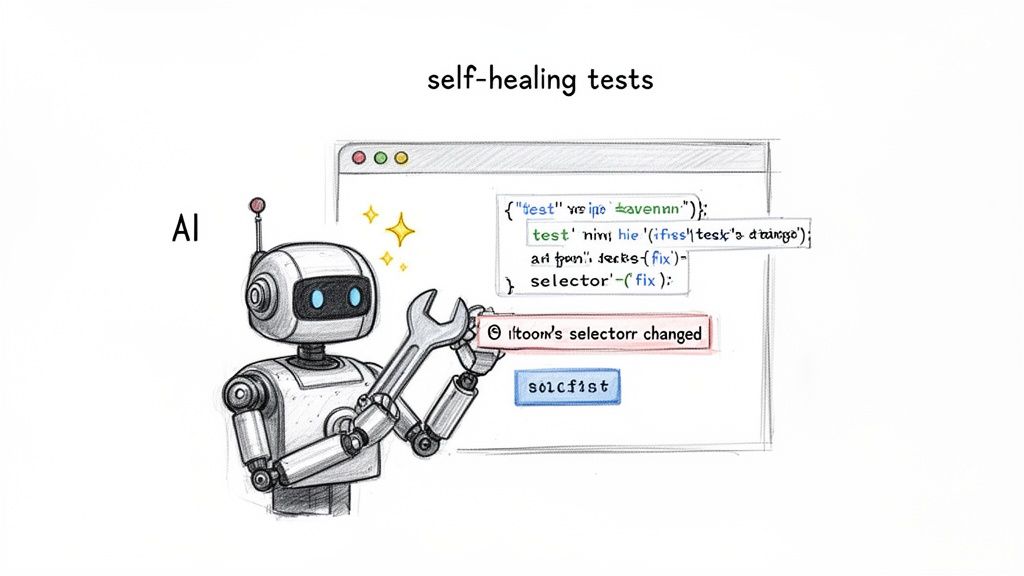 An AI robot uses a wrench to fix a web application test, demonstrating self-healing automation.