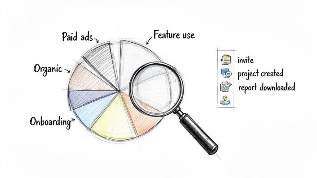 Hand-drawn pie chart with magnifying glass analyzing customer journey stages: paid ads, organic, onboarding, and feature use.