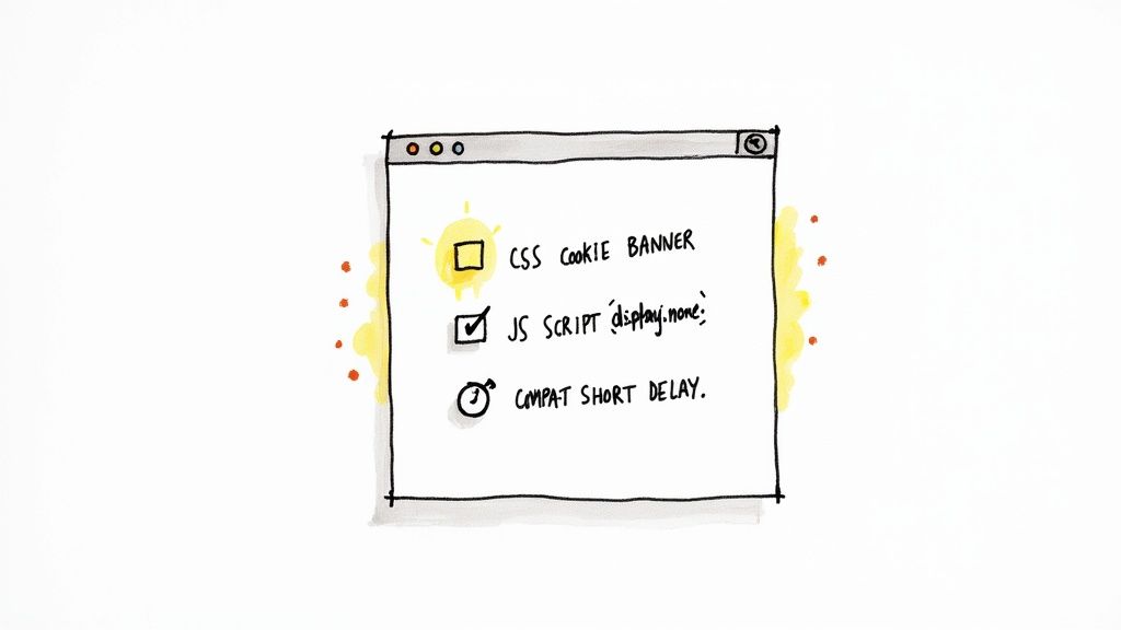 Hand-drawn browser window with a checklist for web optimization, including CSS, JavaScript, and delay.
