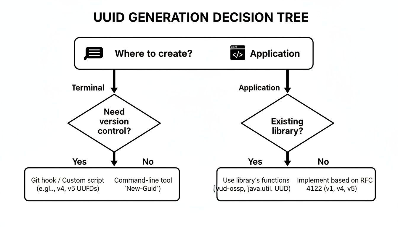 A flowchart illustrating the UUID generation decision tree, differentiating between terminal and application methods.