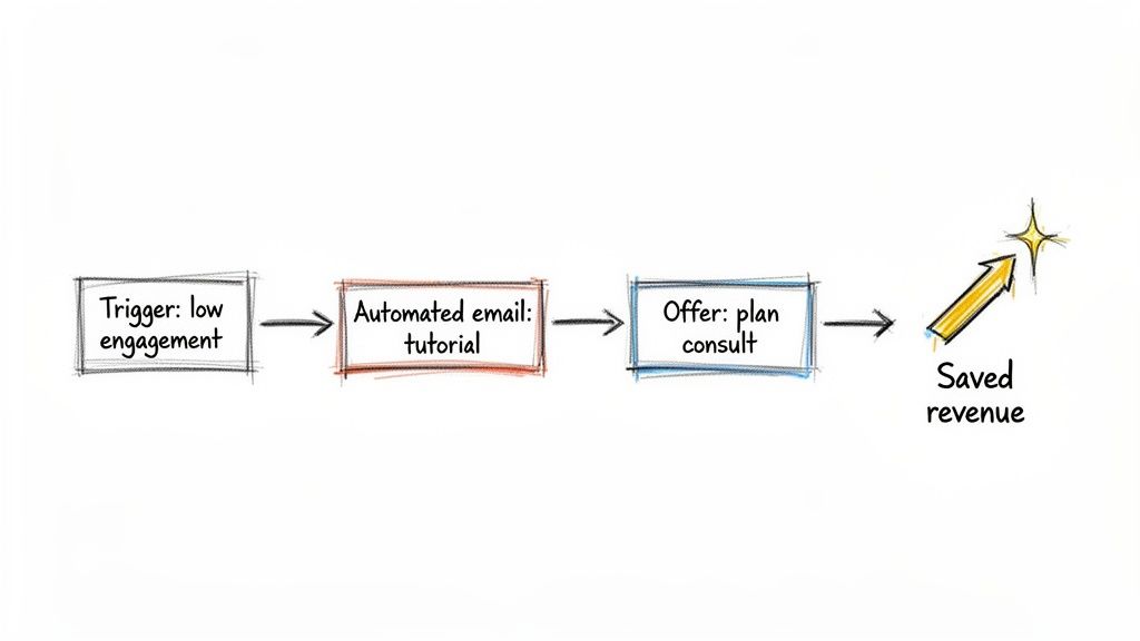 Flowchart showing steps to prevent customer churn: low engagement triggers automated email, leading to saved revenue.