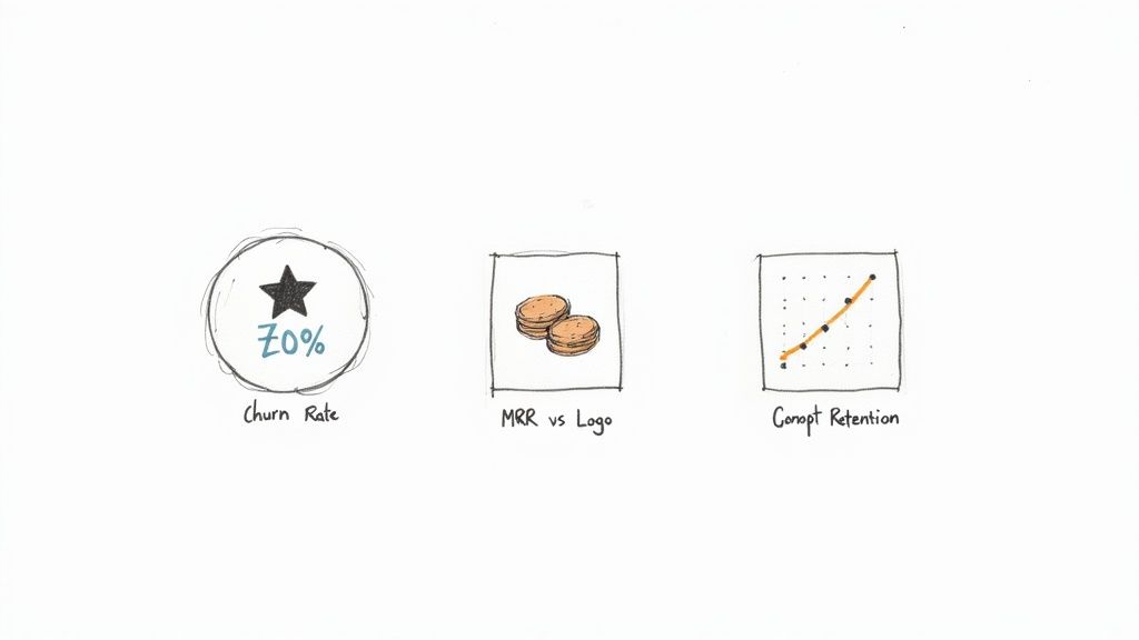 Hand-drawn illustrations showing business metrics: 70% churn rate, MRR vs Logo, and customer retention graph.