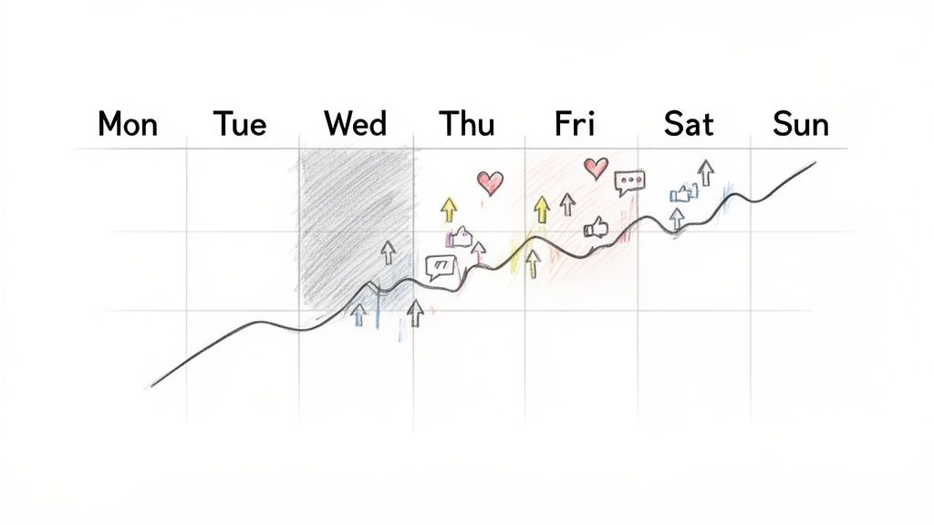 A hand-drawn graph charting weekly social media engagement, showing increased activity towards the weekend.