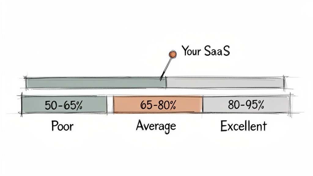 A performance gauge showing Poor (50-65%), Average (65-80%), and Excellent (80-95%) categories. 'Your SaaS' is pinned at the 65% mark.