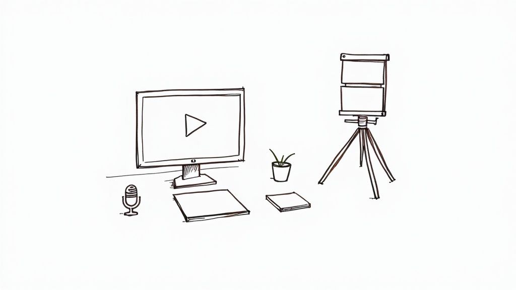 A minimalist drawing of a desk setup with a monitor, microphone, plant, and presentation stand.