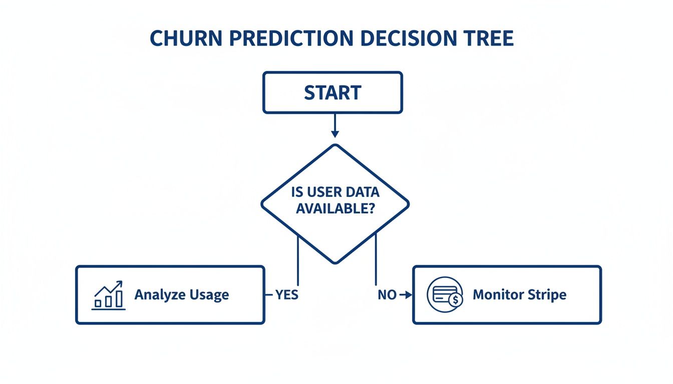 Flowchart of a churn prediction decision tree: start, check user data availability, then analyze usage or monitor Stripe.