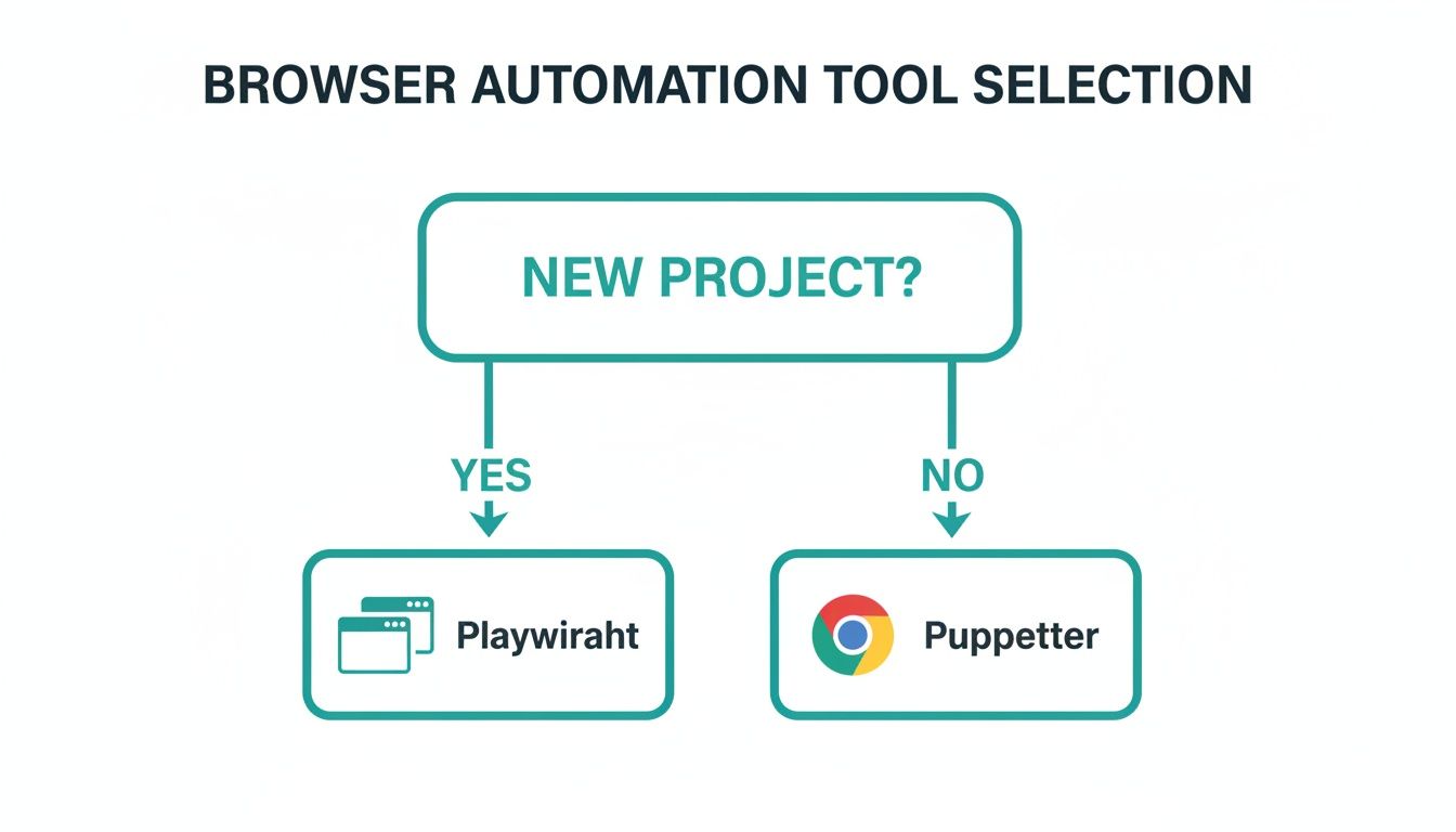 A flowchart guiding browser automation tool selection, suggesting Playwright for new projects and Puppeteer otherwise.