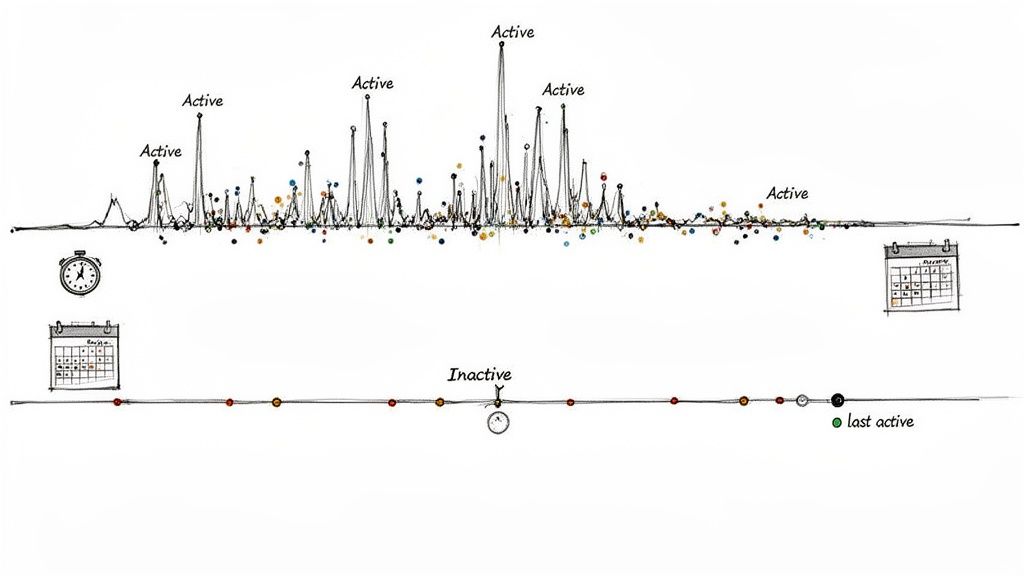 Two timeline graphs illustrating active and inactive periods with marked events and timestamps.