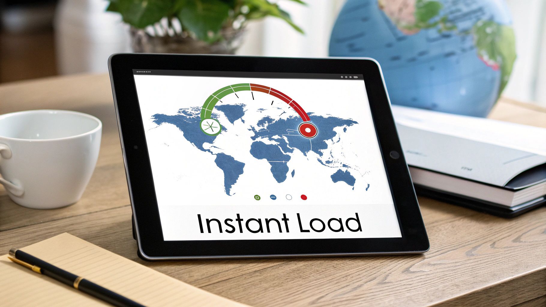 A tablet on a wooden desk displays a world map with an 'Instant Load' performance gauge.