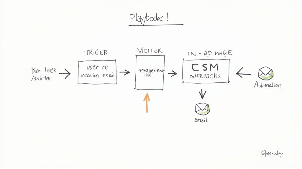 Flowchart illustrating a customer re-engagement playbook with trigger emails, visitor engagement, and CSM outreaches.