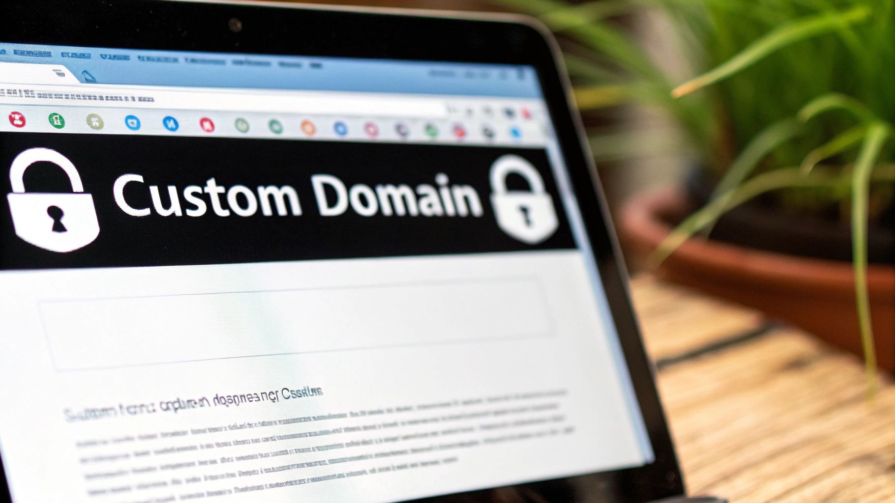 Close-up of a tablet screen displaying 'Custom Domain' with padlock icons, highlighting website security.