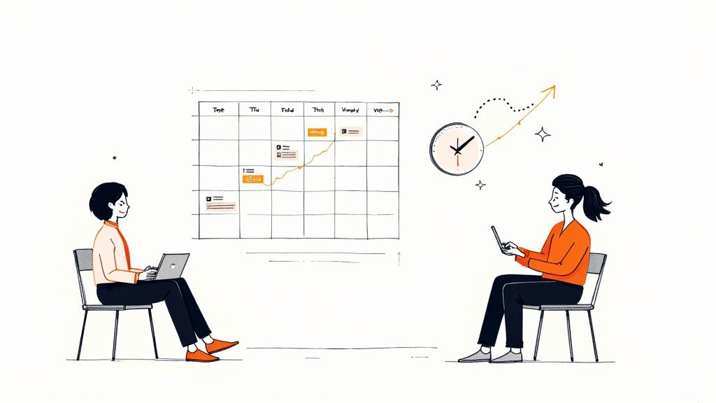 Two individuals working on laptops with a calendar, a progress chart, and a clock symbolizing efficiency.