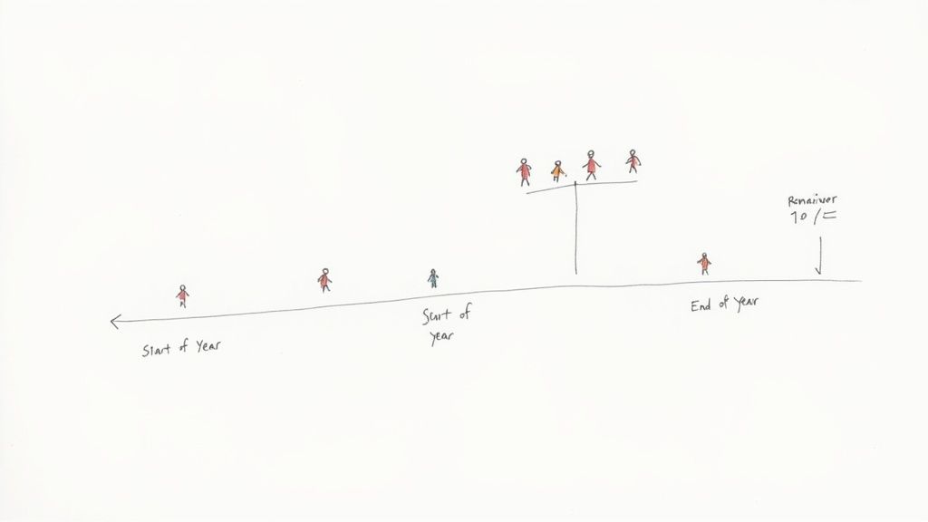 Hand-drawn timeline with stick figures representing people over a year, illustrating a retention concept.