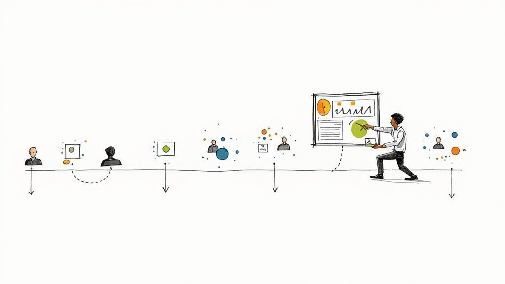 Illustration of a business process or customer journey, with a man analyzing data visualizations on a large screen.
