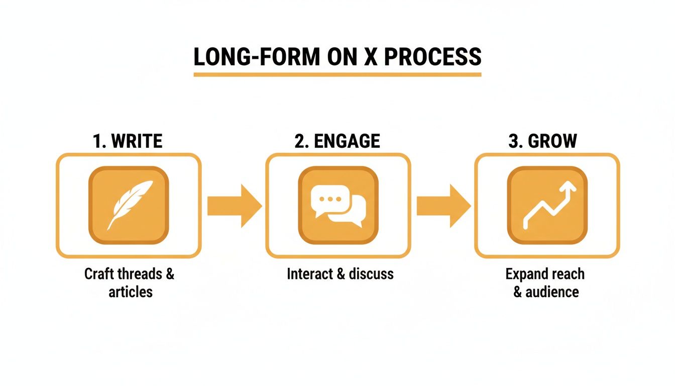 A three-step process for long-form content on X: write, engage, and grow audience.