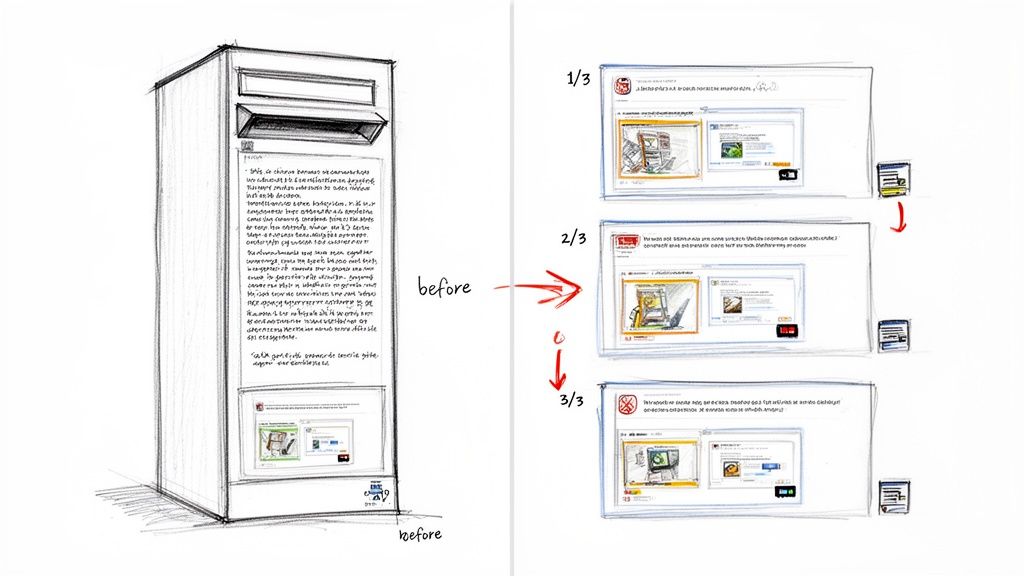 Illustration of a digital display kiosk and a three-step content transfer process.