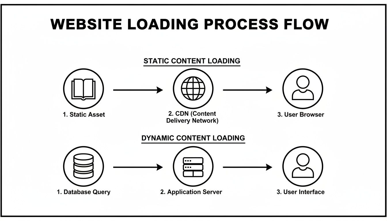 Diagram illustrating static and dynamic website content loading flow, from assets and database to user.