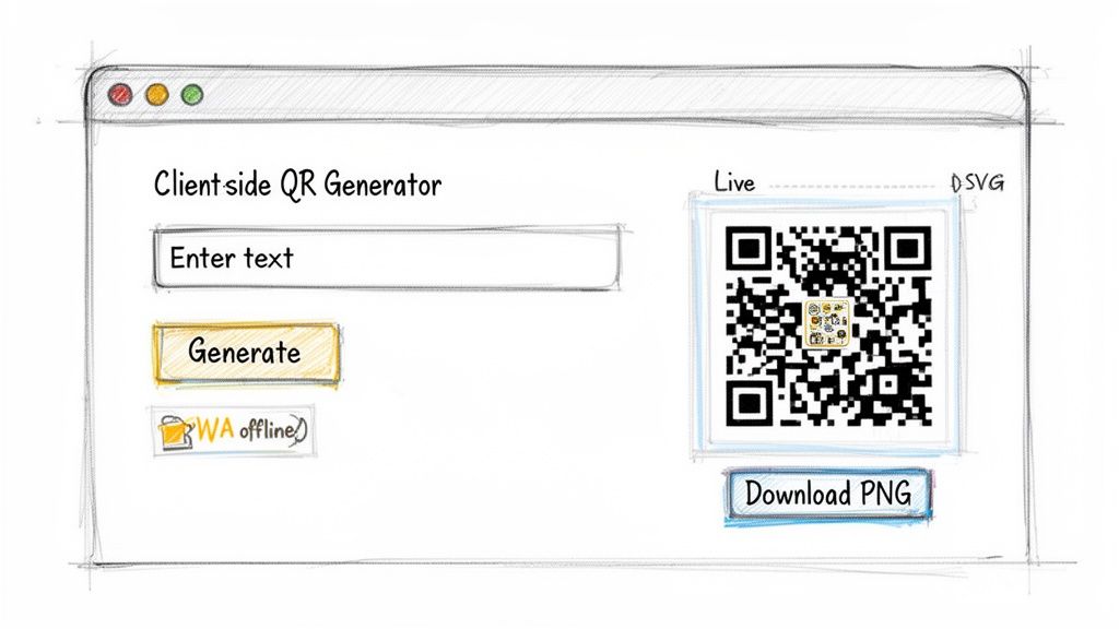 A hand-drawn sketch of a client-side QR code generator web application interface with input field, generate button, and a live QR code.