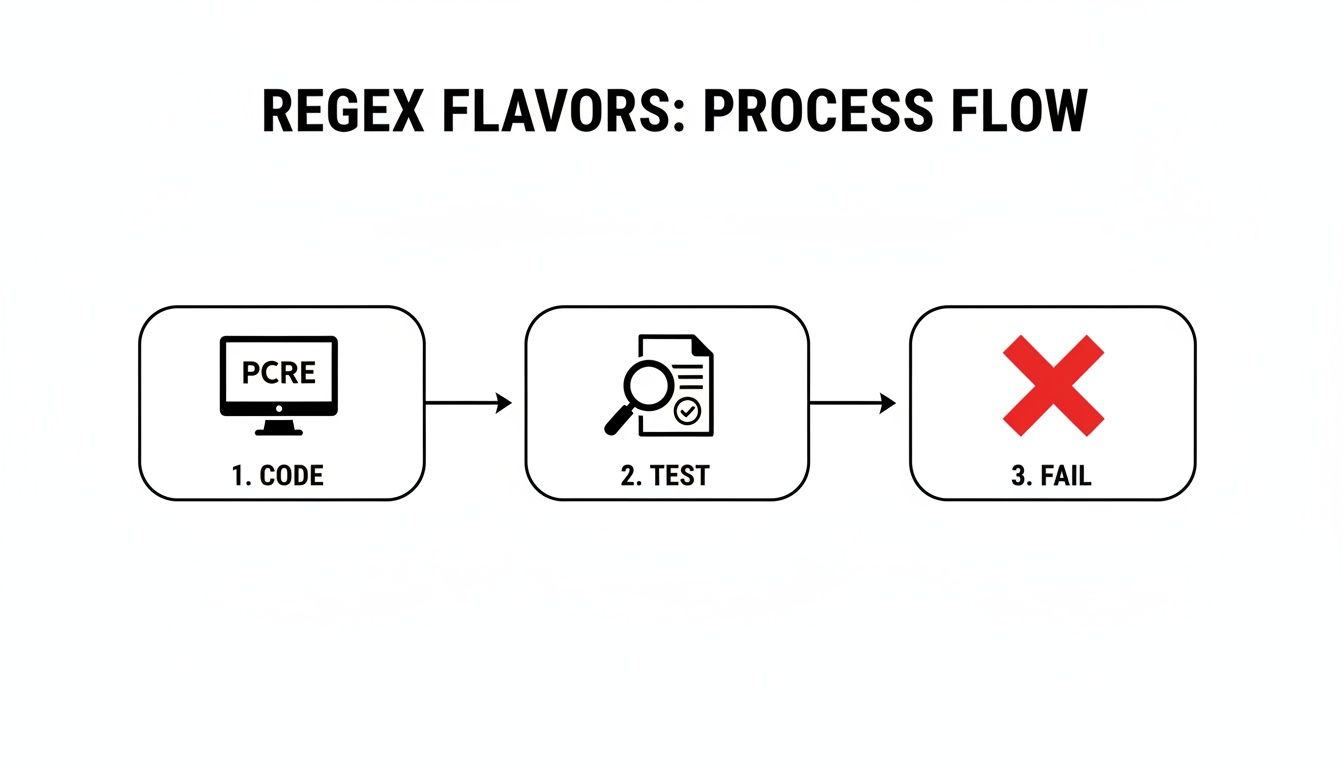 A flowchart illustrates Regex Flavors process: 1. Code (PCRE), 2. Test, and 3. Fail.