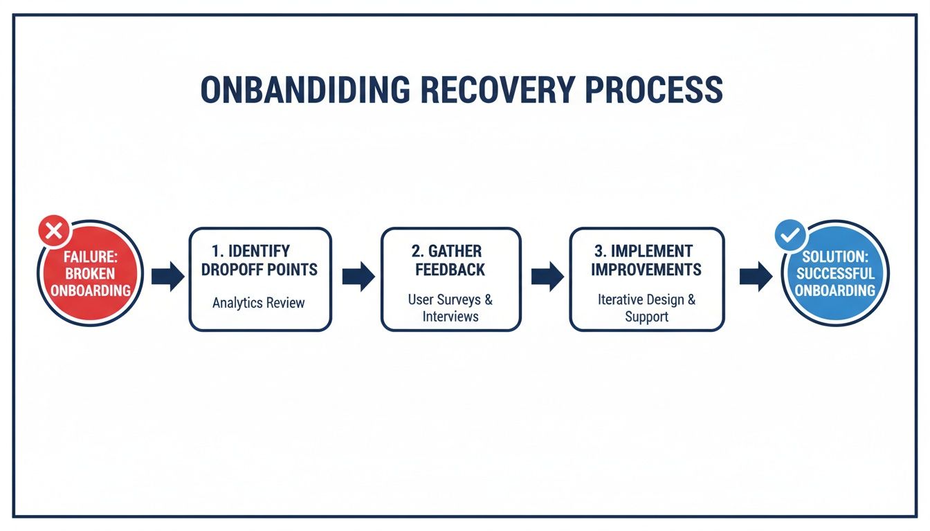 Flowchart detailing a three-step onboarding recovery process, from failure to successful implementation.