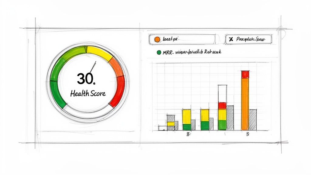 A hand-drawn sketch of a dashboard displaying a 30 health score gauge and a stacked bar chart.