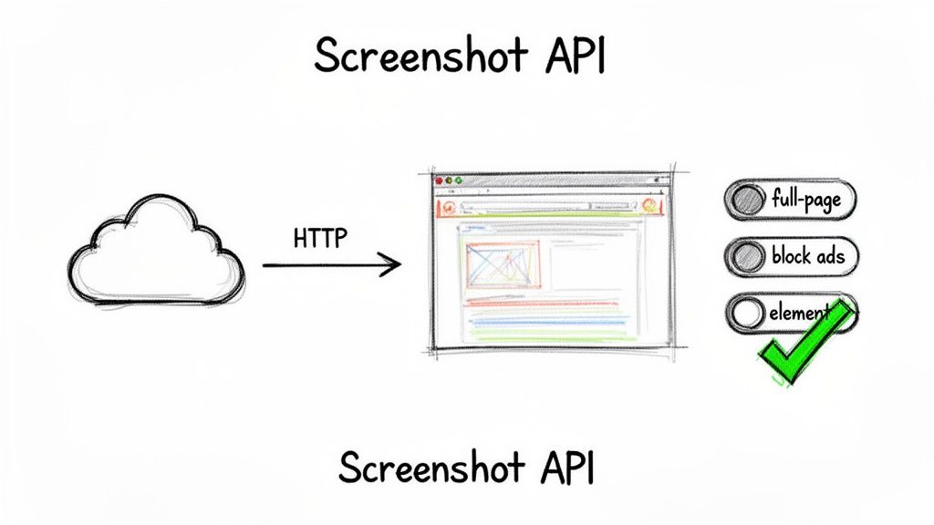 Diagram of a Screenshot API process: cloud sends HTTP request to browser for element screenshot.