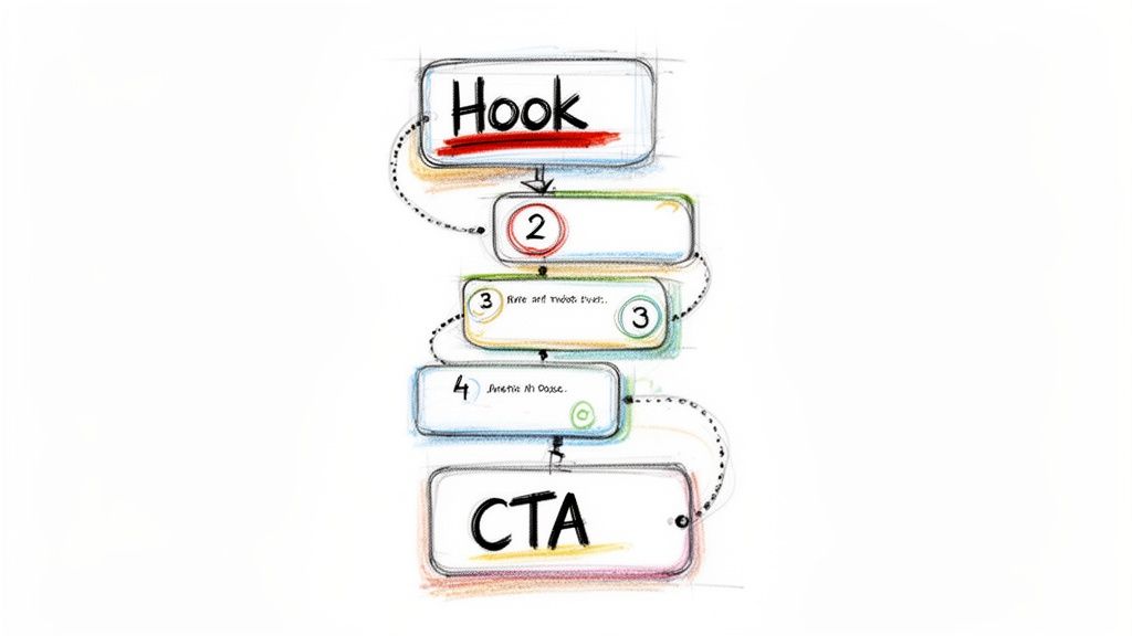 A hand-drawn flowchart illustrating a marketing strategy process from a Hook to a Call To Action (CTA).