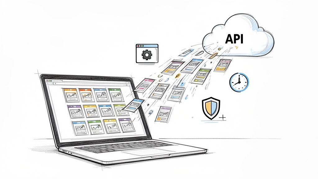 A laptop displays charts while data flows to an API cloud, symbolizing integration, security, and performance.