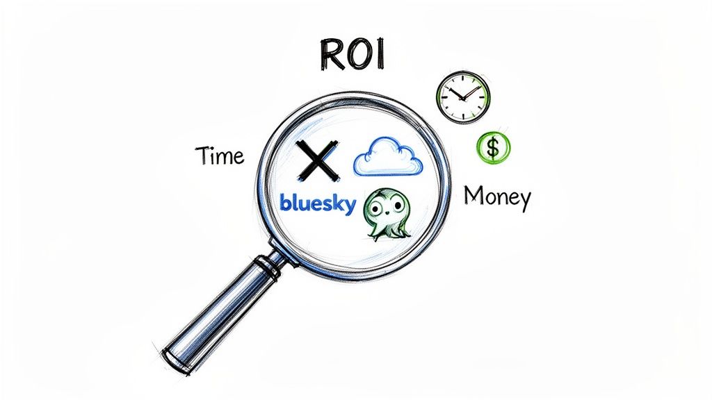 Magnifying glass analyzing ROI with 'bluesky' logo, cloud, 'X' mark, time, and money icons.