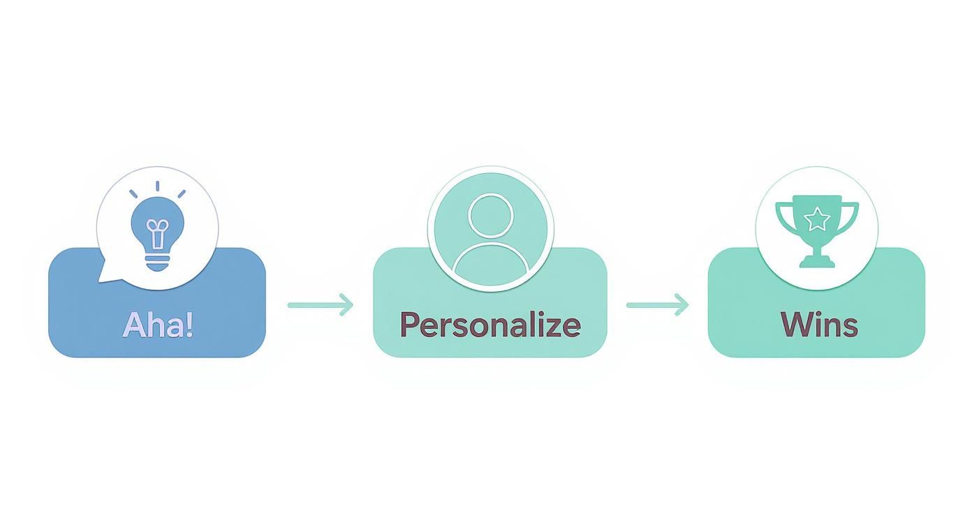 A three-step diagram illustrating the process from an 'Aha!' moment to personalization and achieving 'Wins'.