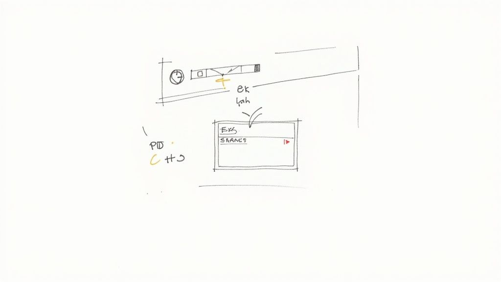 Hand-drawn sketch illustrating a user interface concept with a timeline and a pop-up menu.